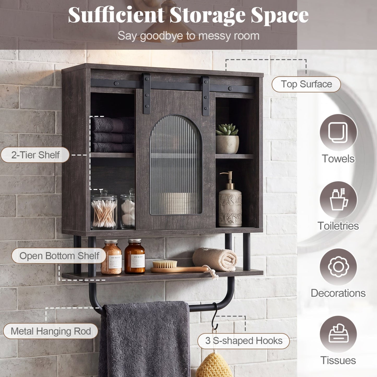 Bathroom Wall Cabinet with Sliding Barn Door and Metal Hanging Bar with 3 Hooks