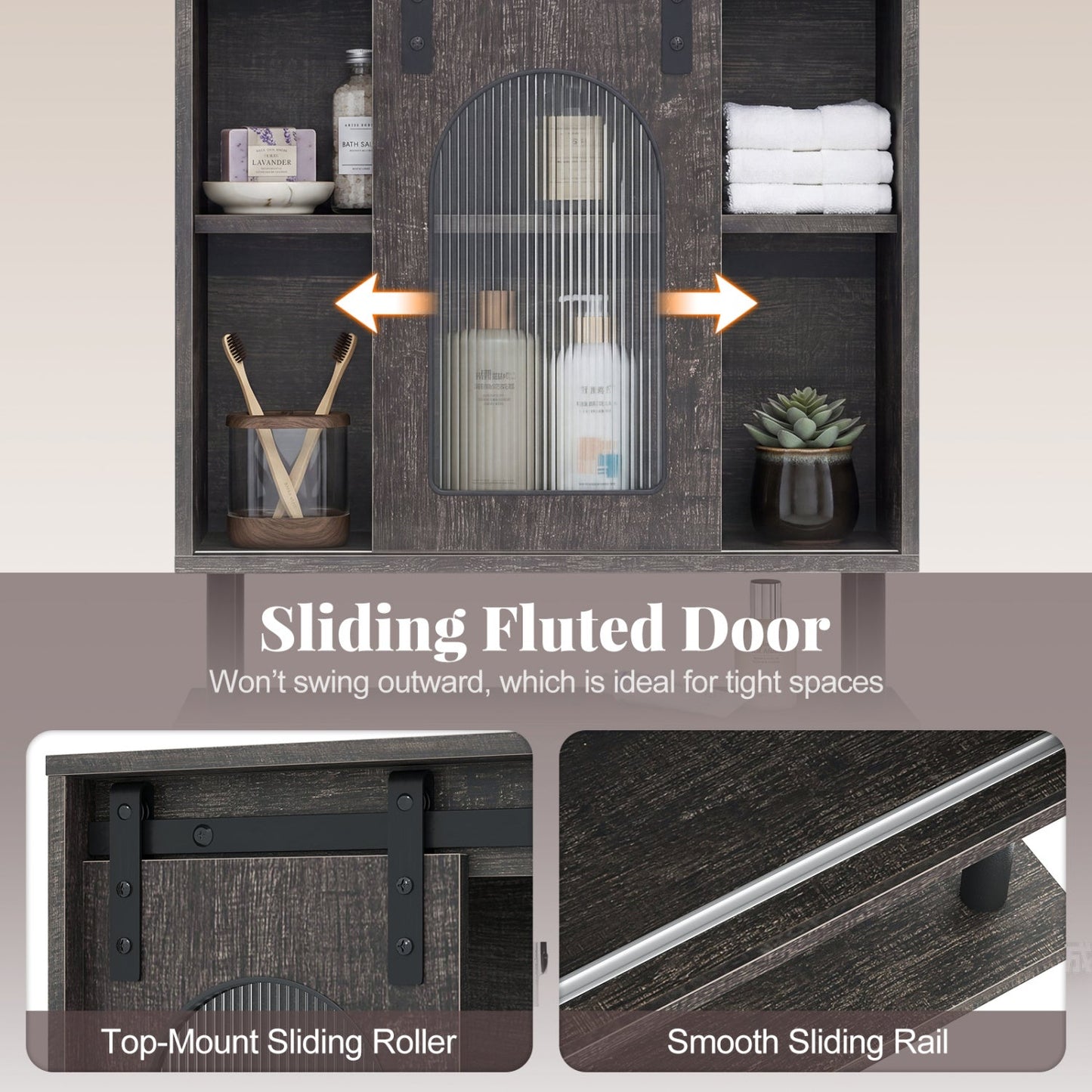 Bathroom Wall Cabinet with Sliding Barn Door and Metal Hanging Bar with 3 Hooks