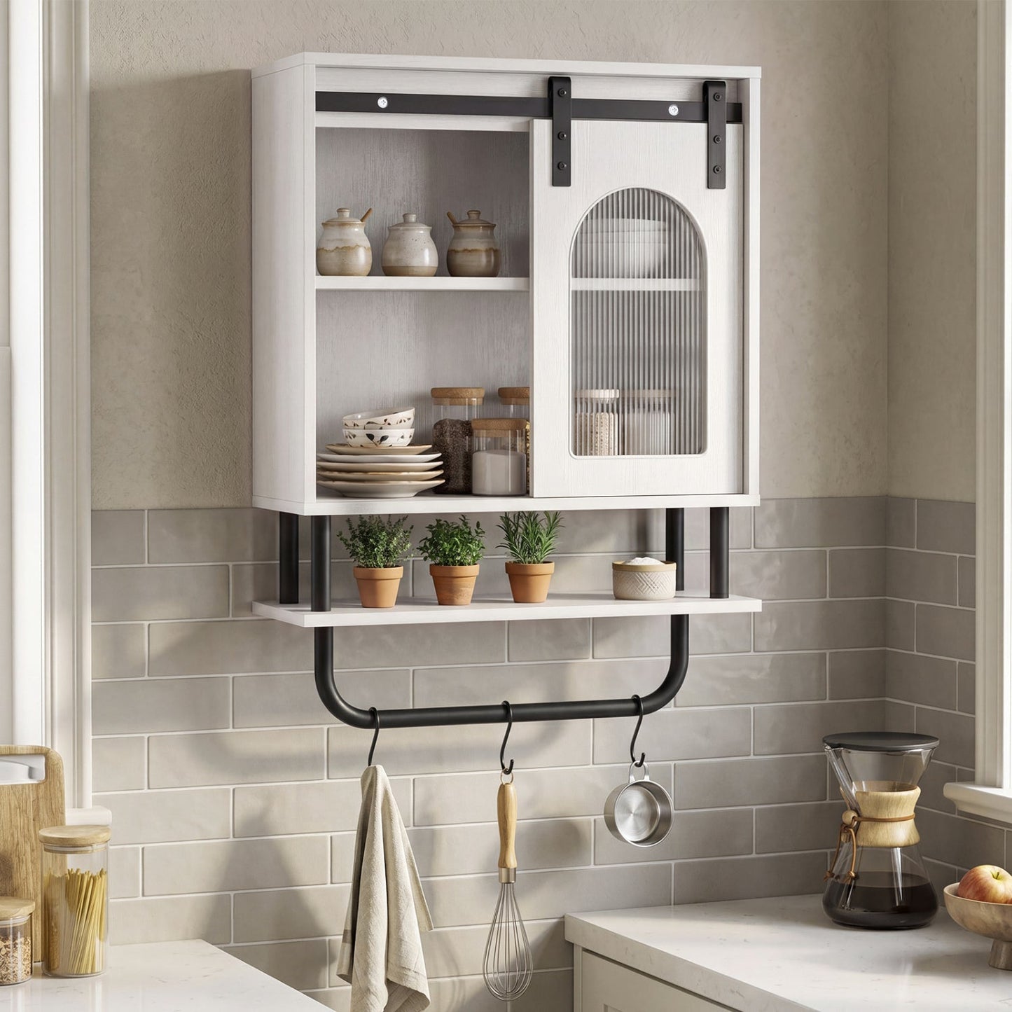 Bathroom Wall Cabinet with Sliding Barn Door and Metal Hanging Bar with 3 Hooks