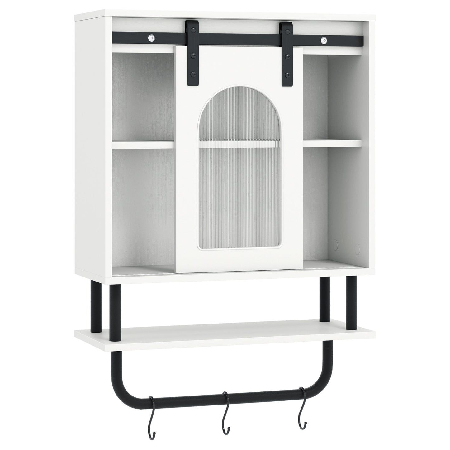 Bathroom Wall Cabinet with Sliding Barn Door and Metal Hanging Bar with 3 Hooks