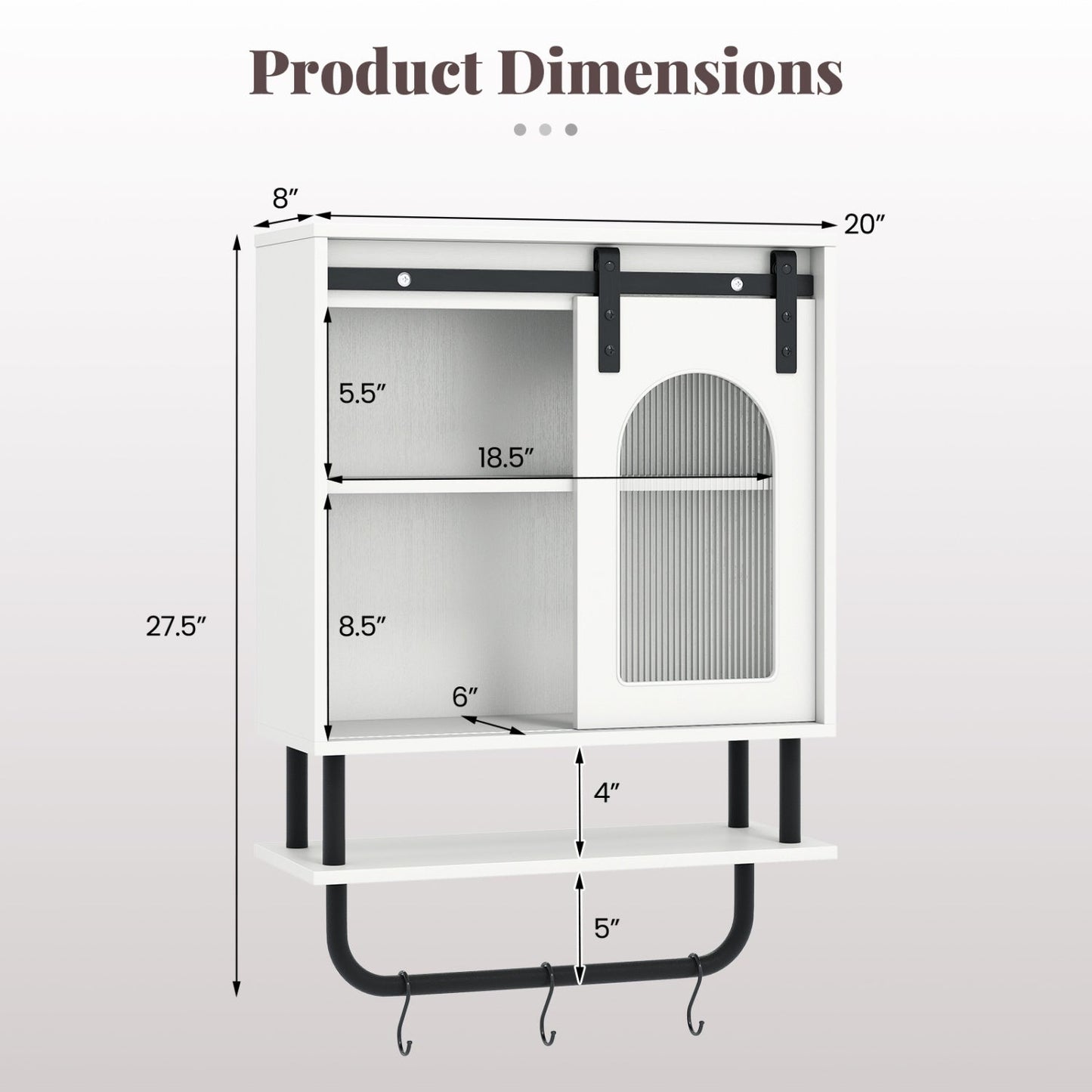 Bathroom Wall Cabinet with Sliding Barn Door and Metal Hanging Bar with 3 Hooks