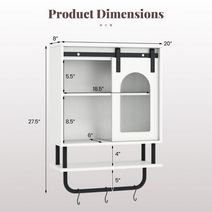 Bathroom Wall Cabinet with Sliding Barn Door and Metal Hanging Bar with 3 Hooks