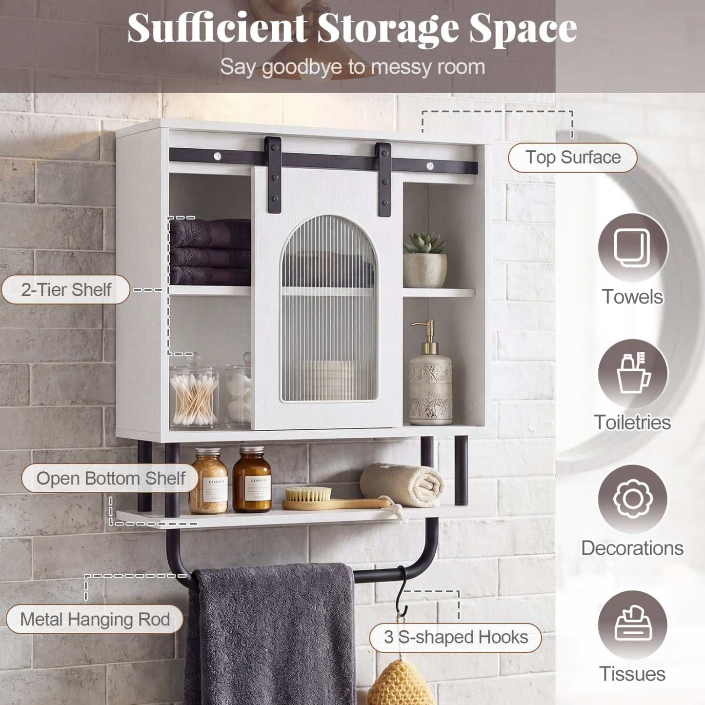 Bathroom Wall Cabinet with Sliding Barn Door and Metal Hanging Bar with 3 Hooks