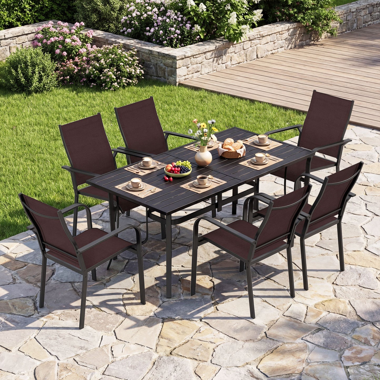 7-Piece Patio Dining Set for 6 with Stackable Mesh Chairs