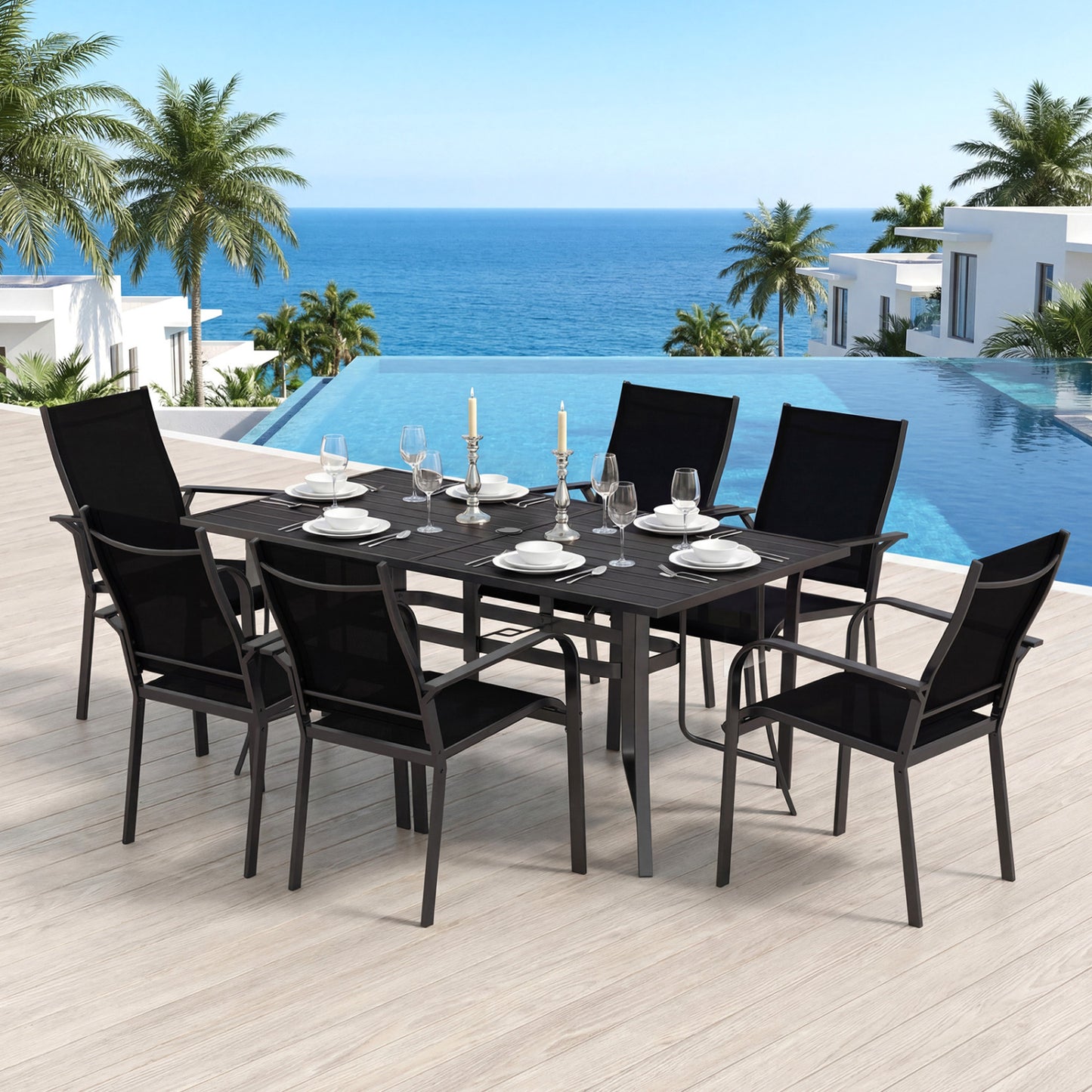 7-Piece Patio Dining Set for 6 with Stackable Mesh Chairs