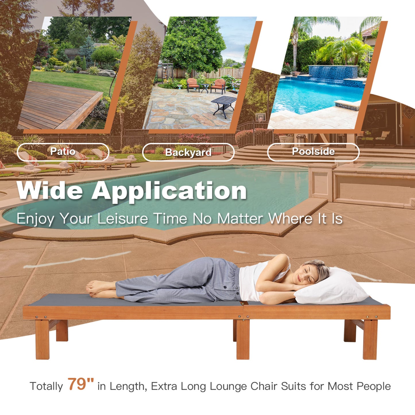 Adjustable Wood Chaise Lounge Chair with 5-Position Back