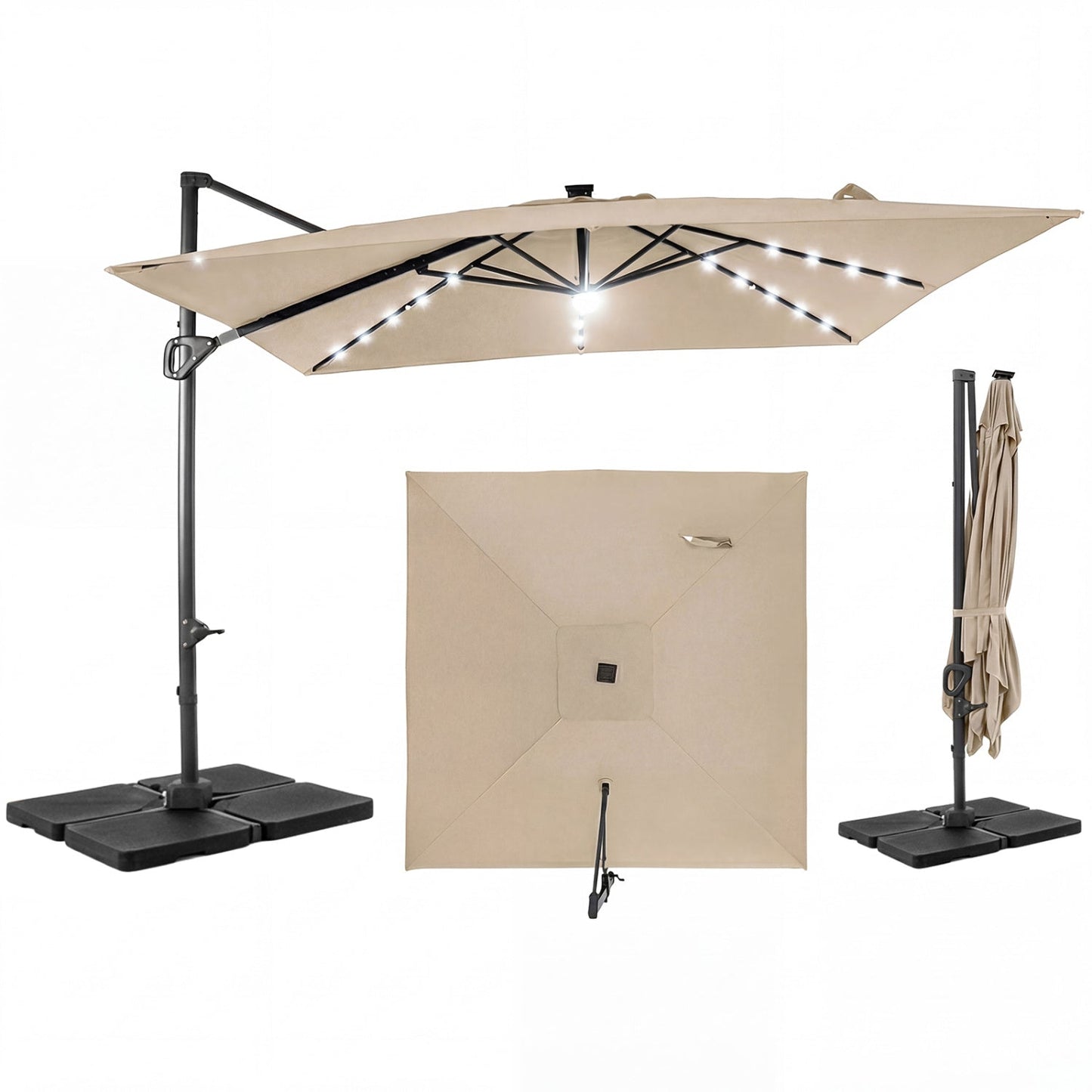 10 FT Cantilever Patio Umbrella with Solar LED Lights & Base