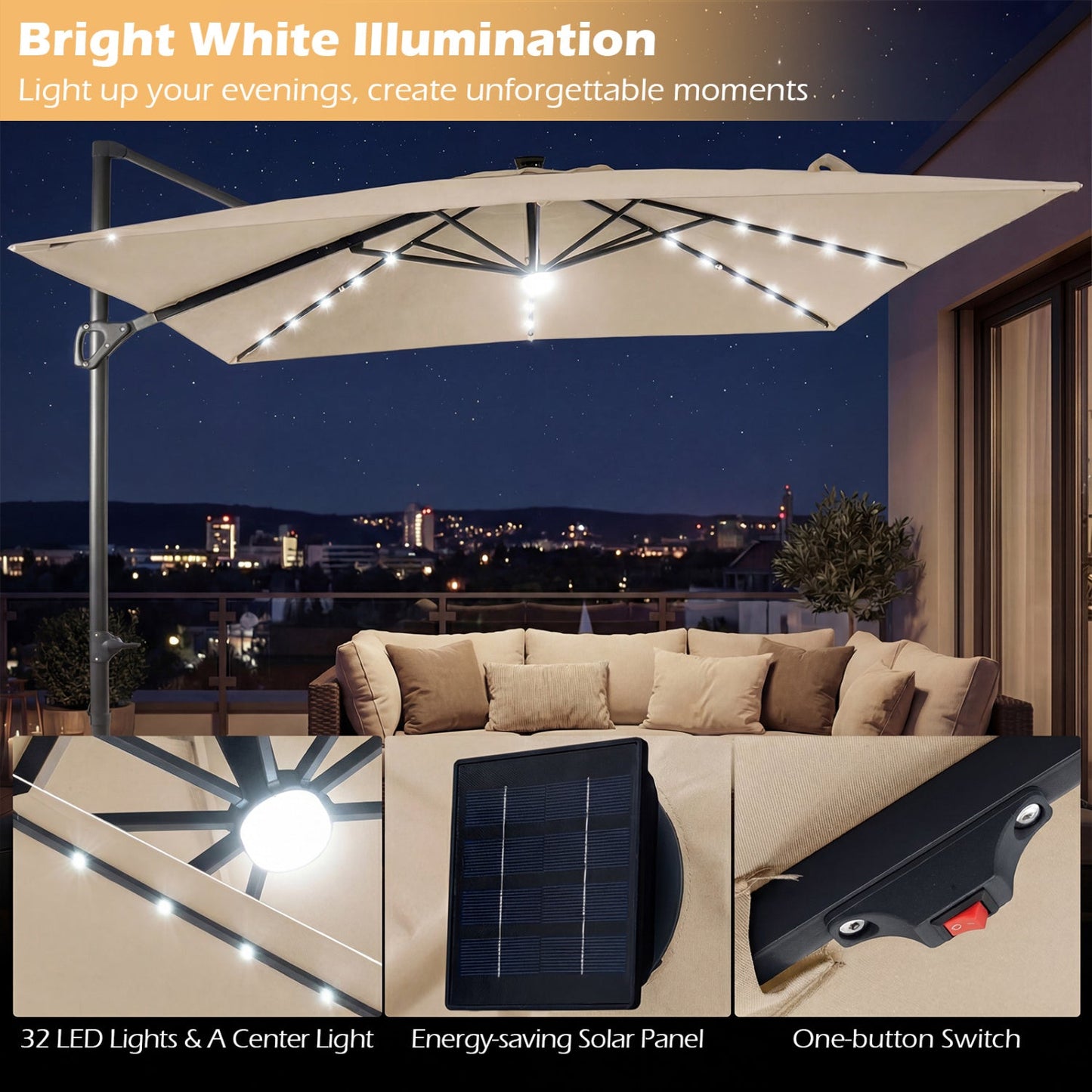 10 FT Cantilever Patio Umbrella with Solar LED Lights & Base