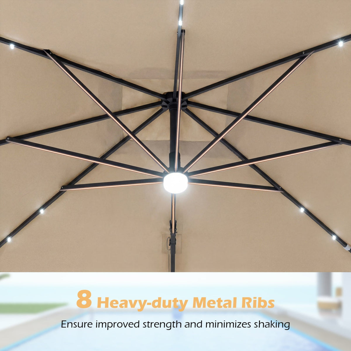 10 FT Cantilever Patio Umbrella with Solar LED Lights & Base