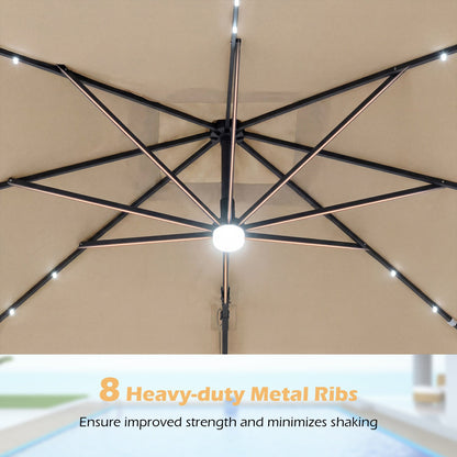 10 FT Cantilever Patio Umbrella with Solar LED Lights & Base