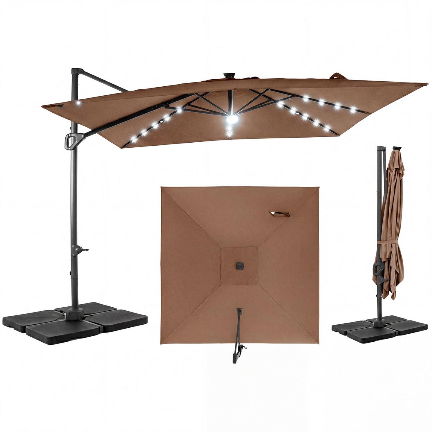 10 FT Cantilever Patio Umbrella with Solar LED Lights & Base
