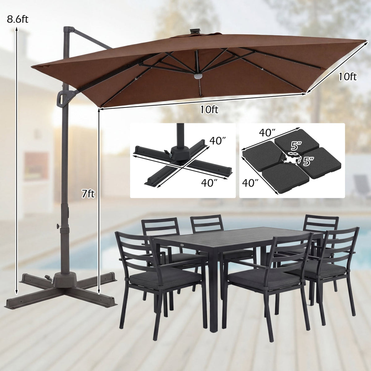10 FT Cantilever Patio Umbrella with Solar LED Lights & Base