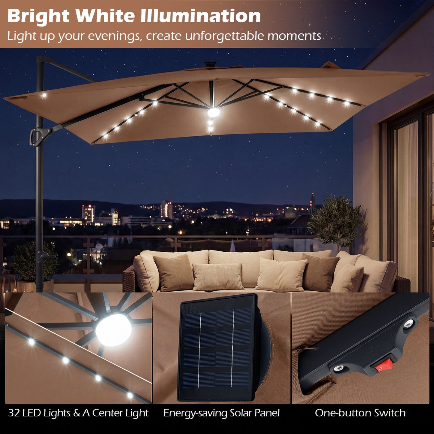 10 FT Cantilever Patio Umbrella with Solar LED Lights & Base