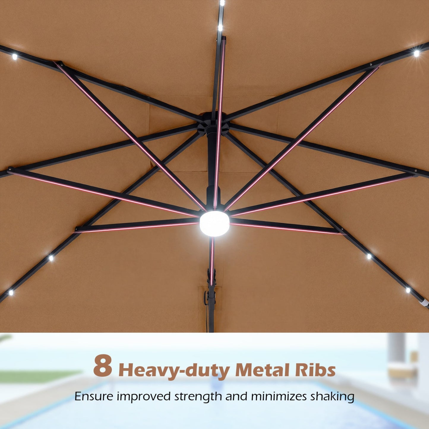 10 FT Cantilever Patio Umbrella with Solar LED Lights & Base