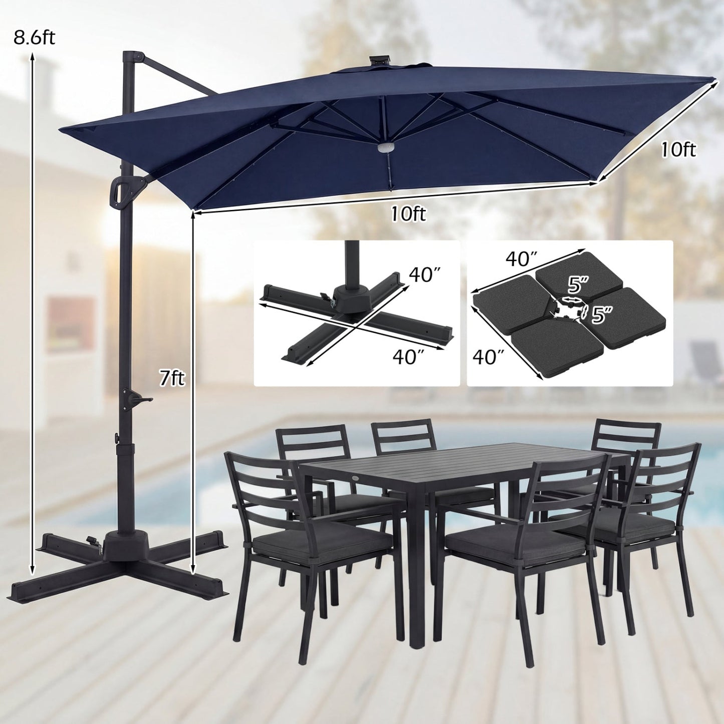 10 FT Cantilever Patio Umbrella with Solar LED Lights & Base