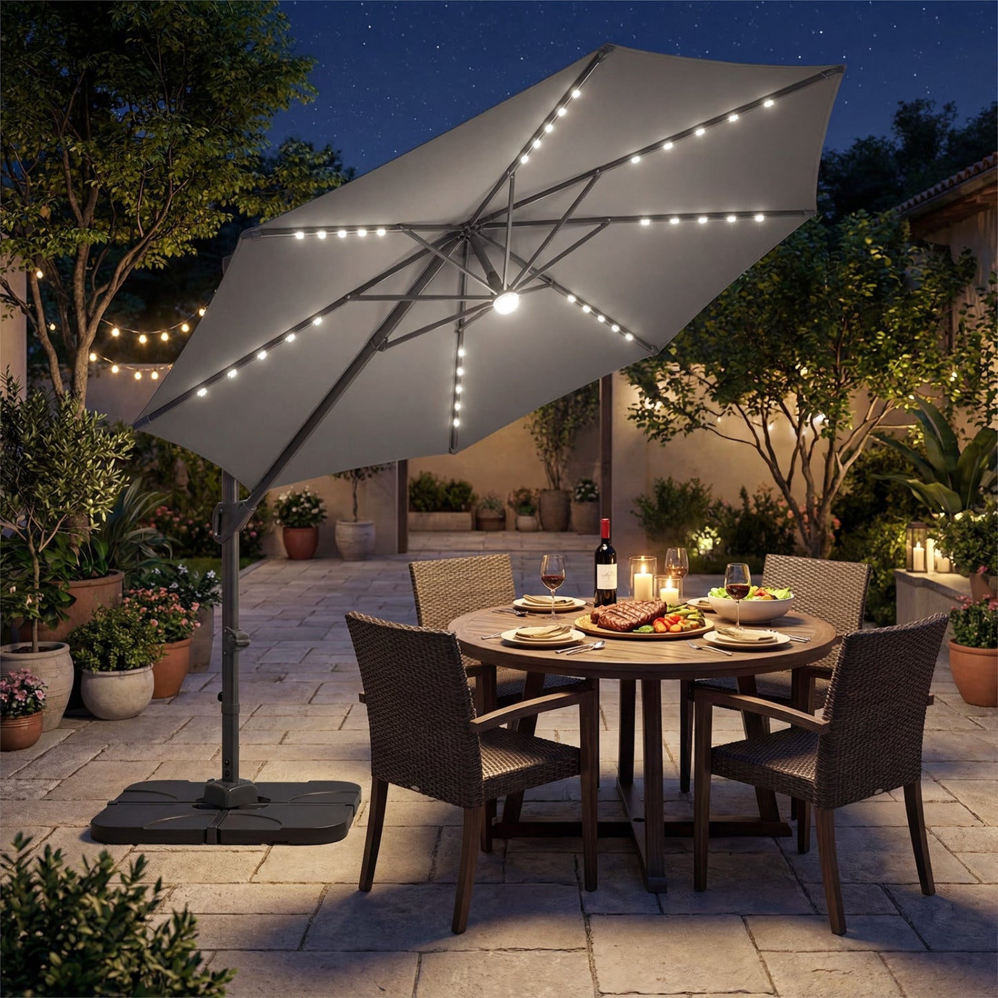 10 FT Cantilever Patio Umbrella with Solar LED Lights & Base