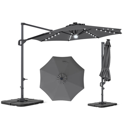 10 FT Cantilever Patio Umbrella with Solar LED Lights & Base