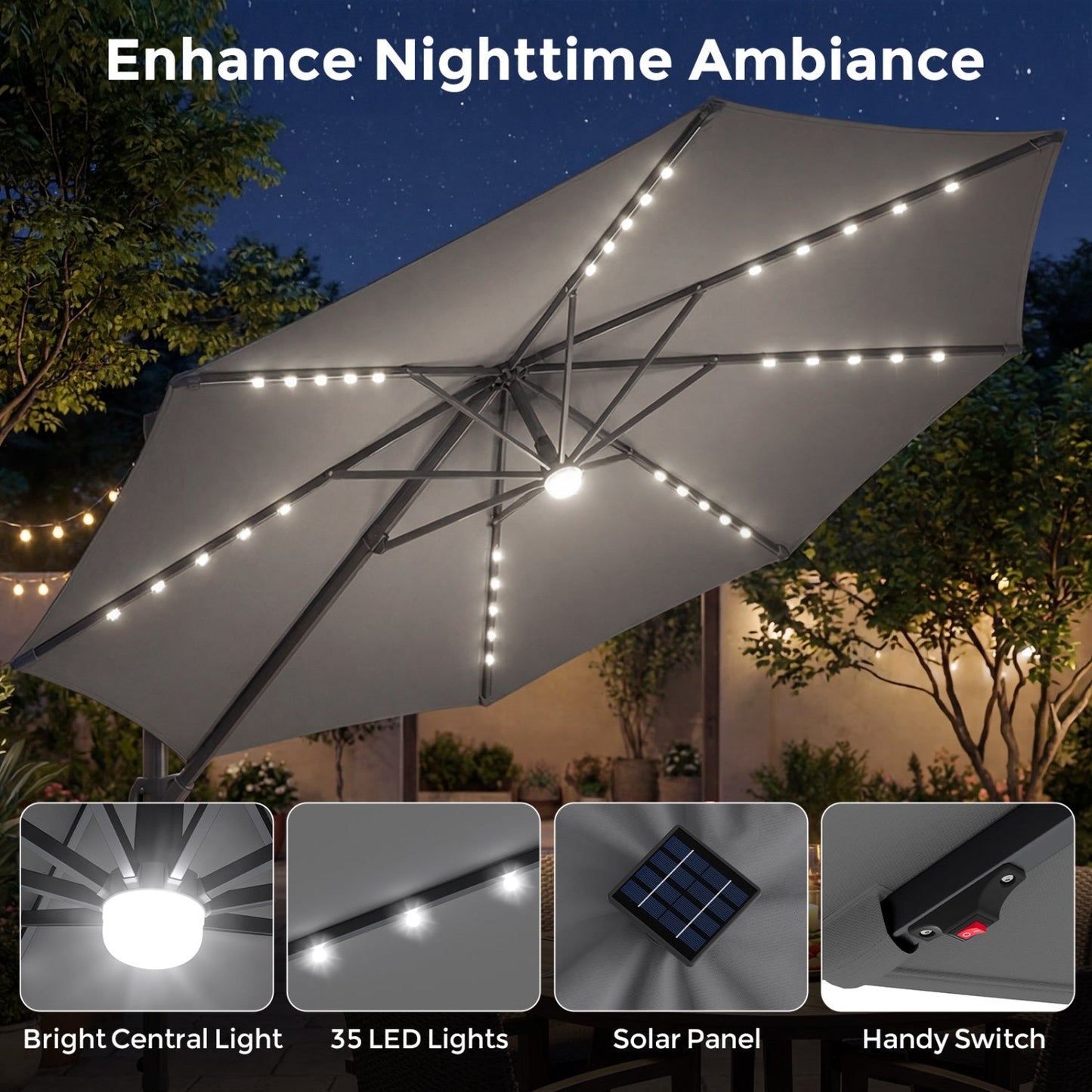 10 FT Cantilever Patio Umbrella with Solar LED Lights & Base