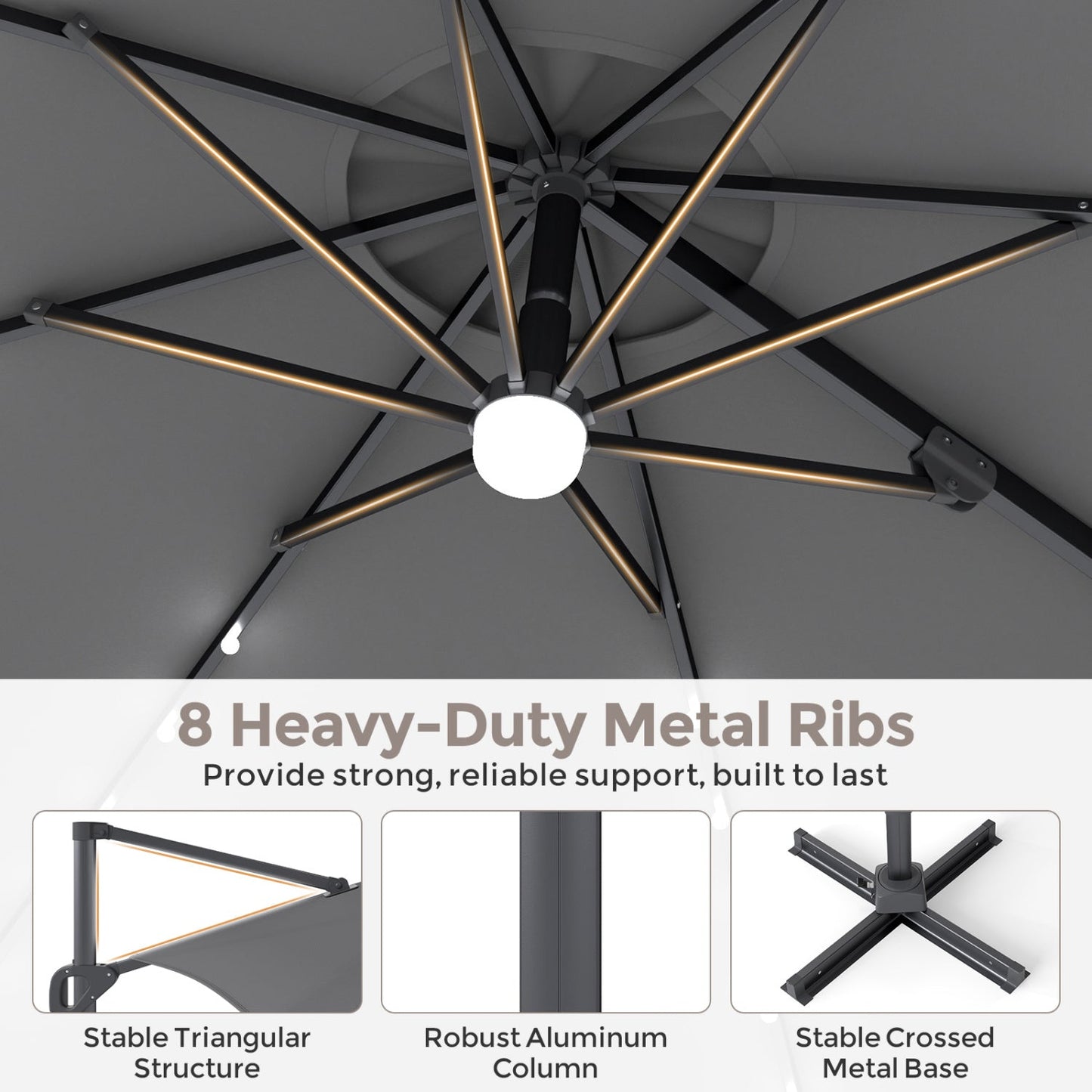 10 FT Cantilever Patio Umbrella with Solar LED Lights & Base