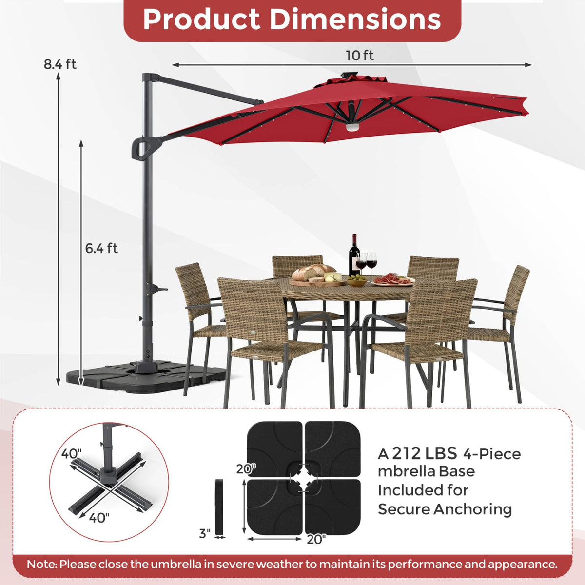 10 FT Cantilever Patio Umbrella with Solar LED Lights & Base