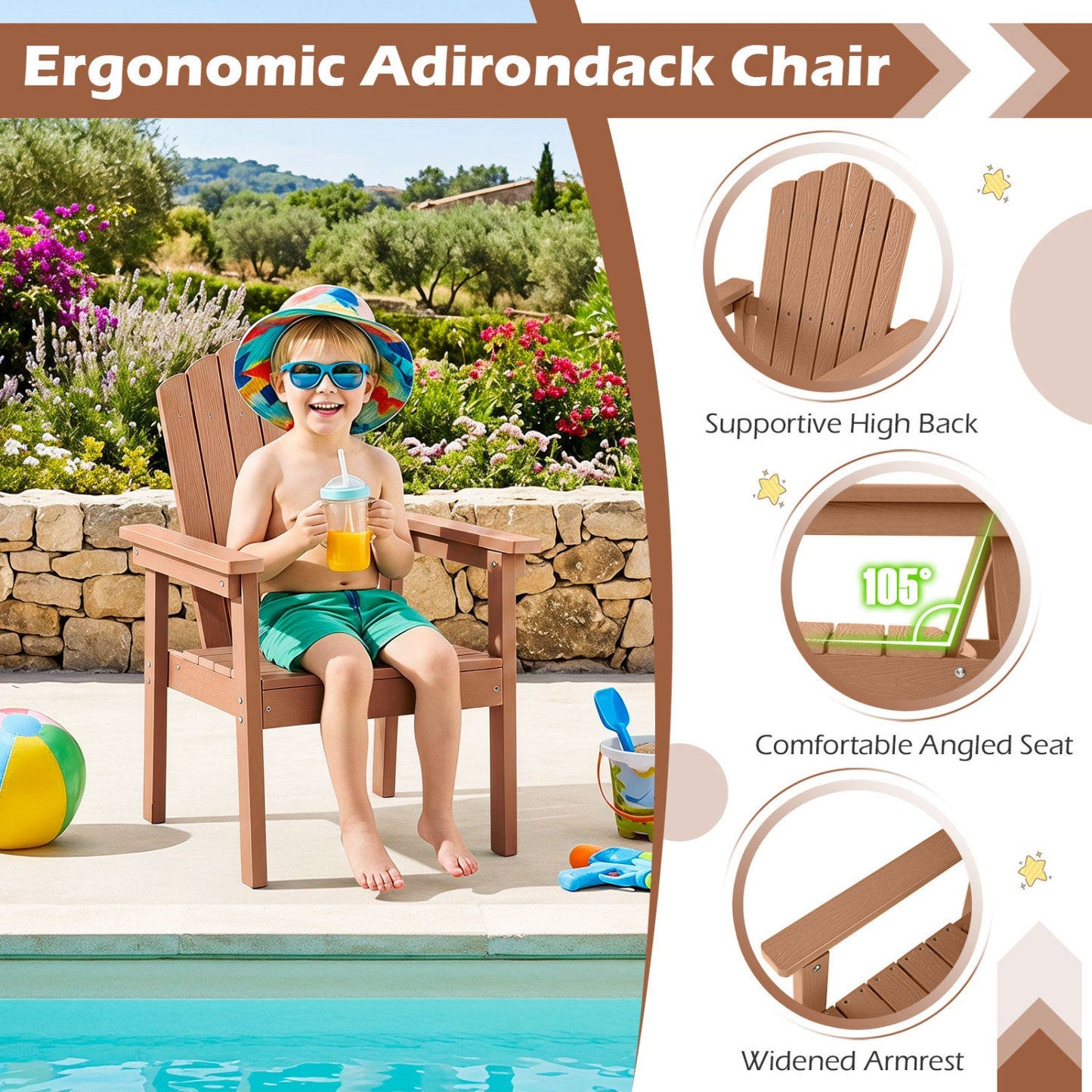 Adirondack Chair with High Backrest and Wide Armrests