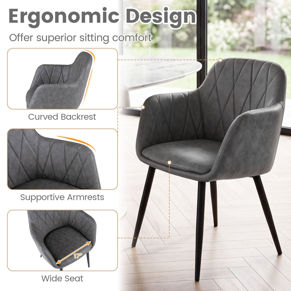 Upholstered Dining Chairs Set of 2 with Curved Back