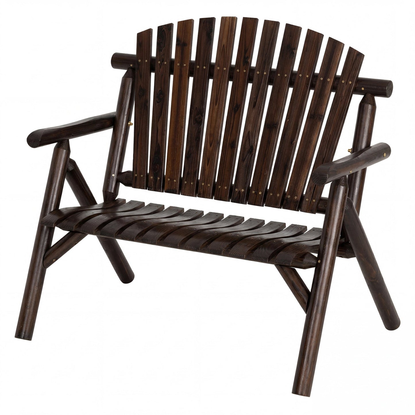 2-Person Log Wood Patio Bench with Slatted Backrest