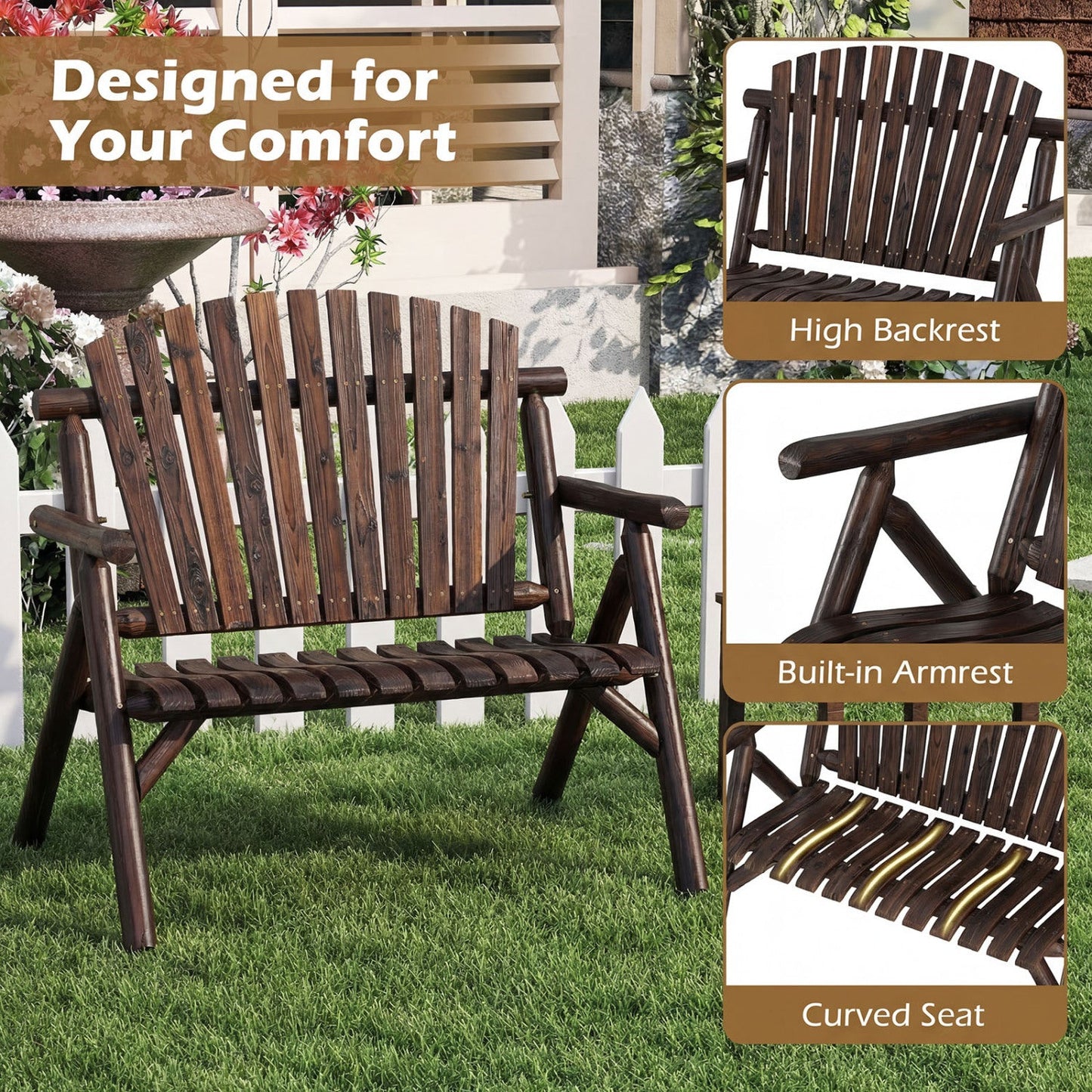 2-Person Log Wood Patio Bench with Slatted Backrest