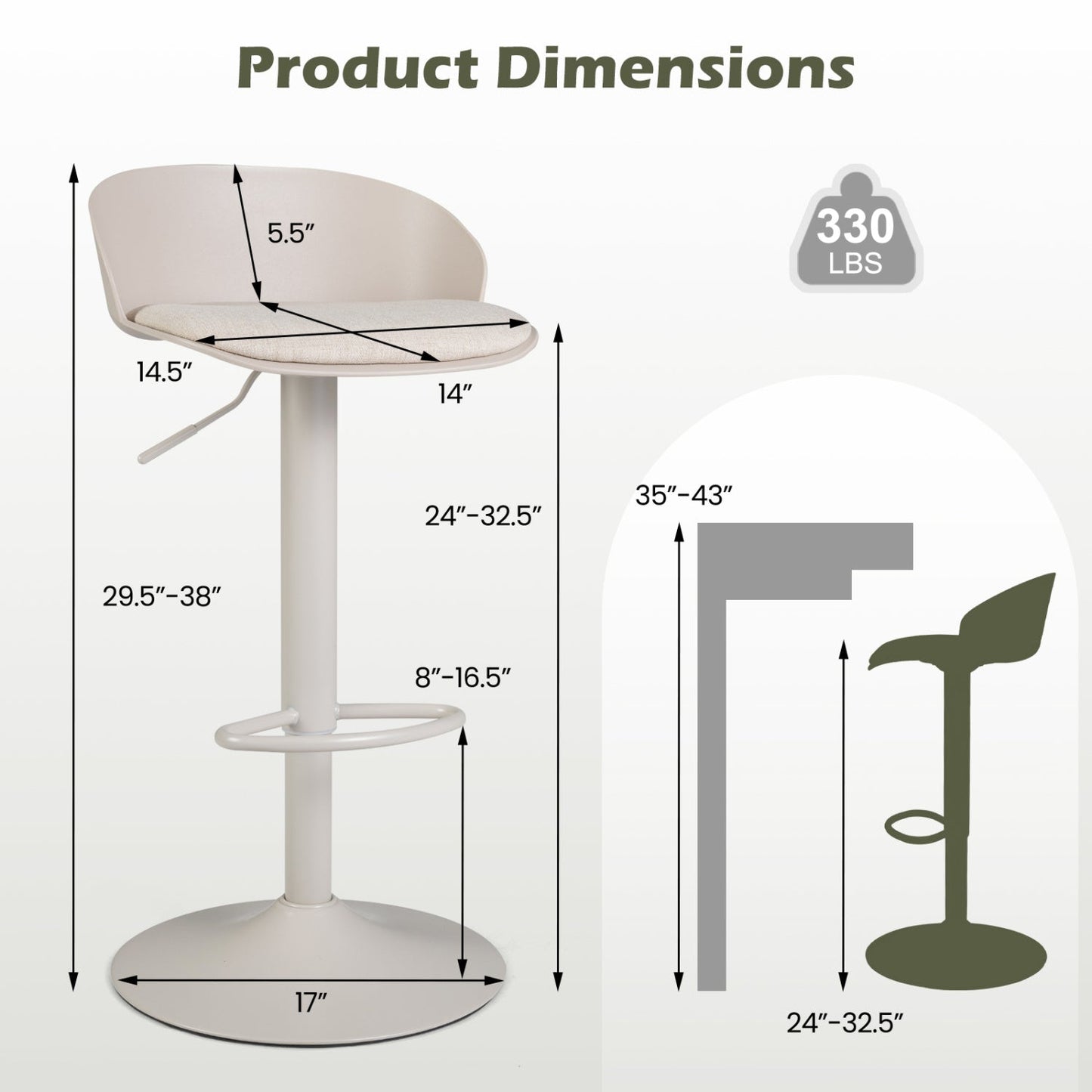 Adjustable Swivel Bar Stools Set of 2 with Back & Footrest