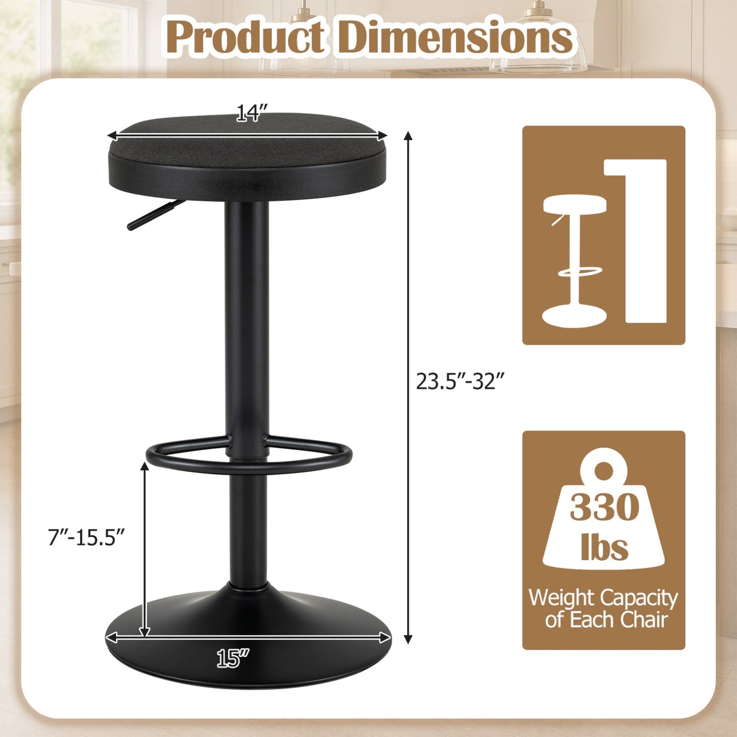 Adjustable Bar Stools Set of 2 with Padded Seat