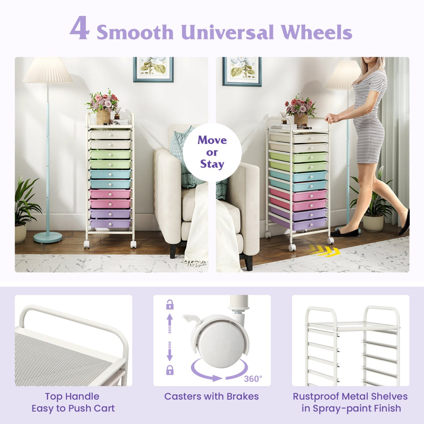 10 Drawer Rolling Storage Cart with Locking Wheels