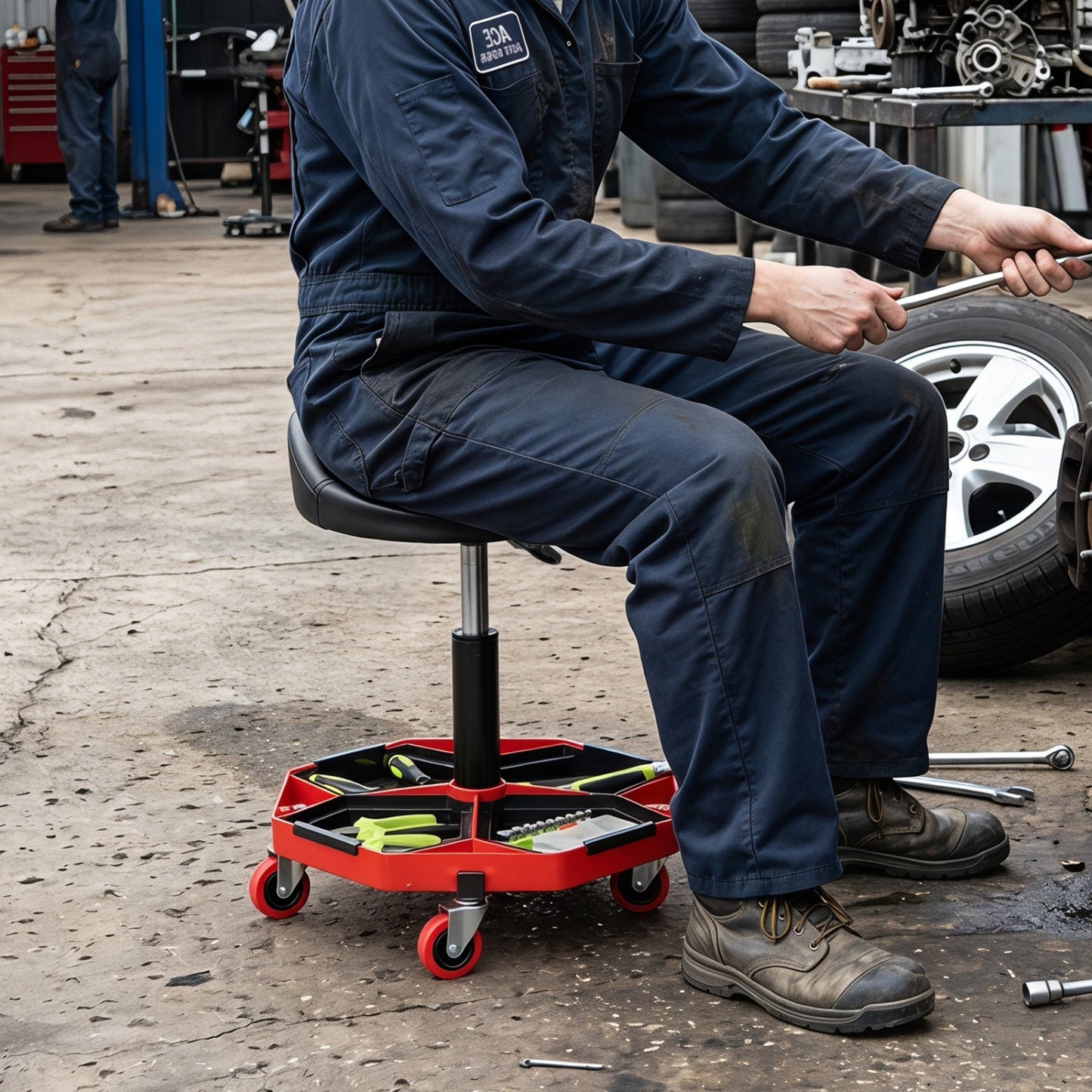 Adjustable Rolling Mechanic Seat with Storage Tray