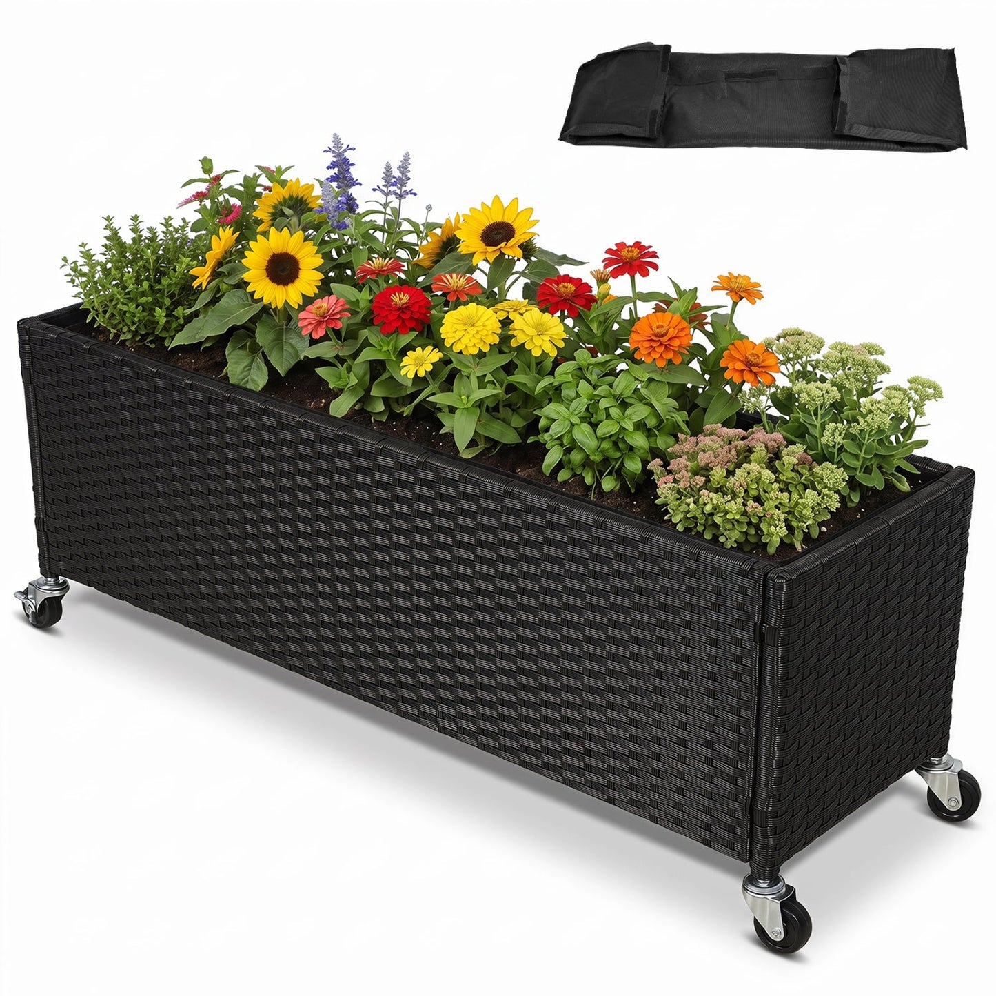 Raised Garden Bed with Wheels - PE Rattan Planter Box