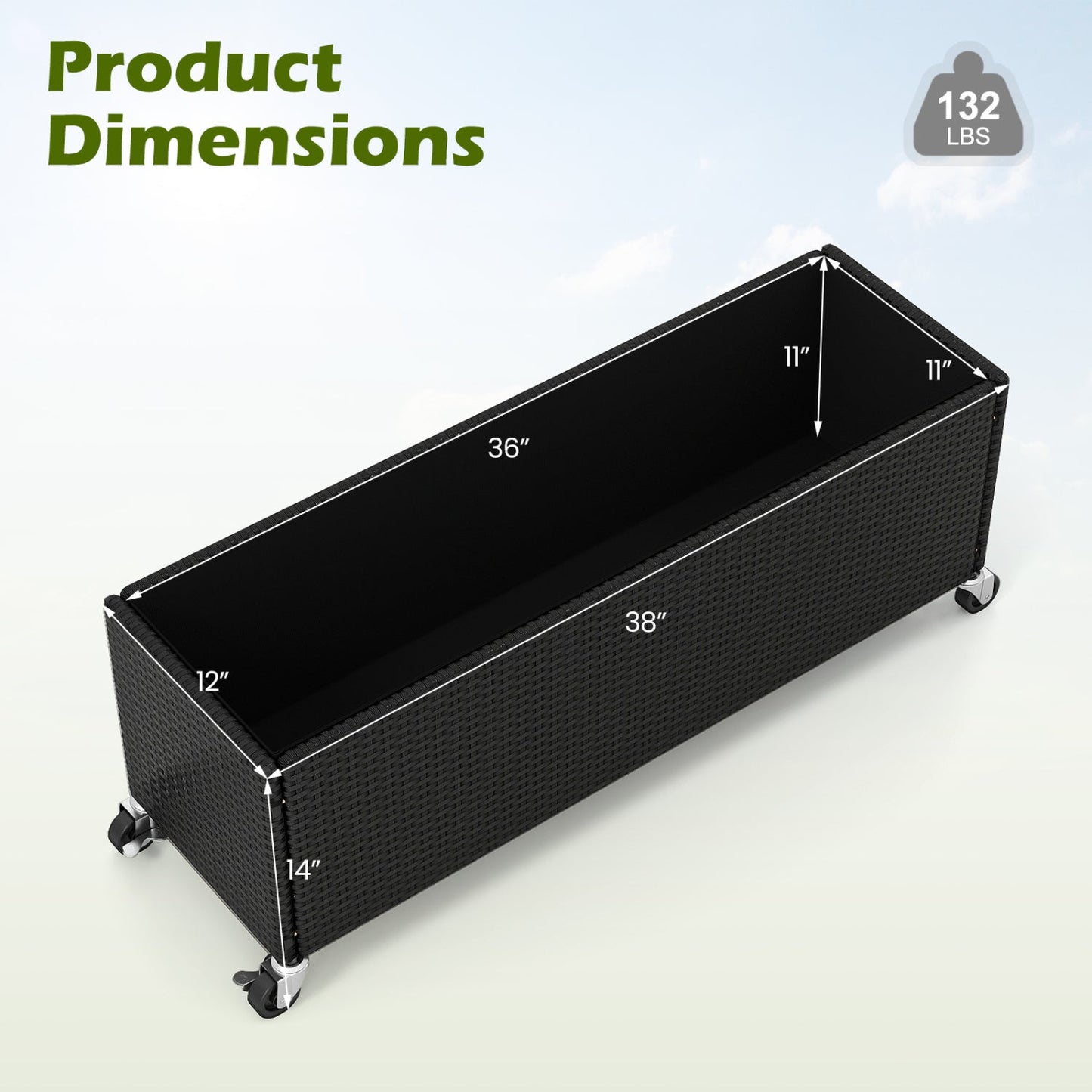 Raised Garden Bed with Wheels - PE Rattan Planter Box