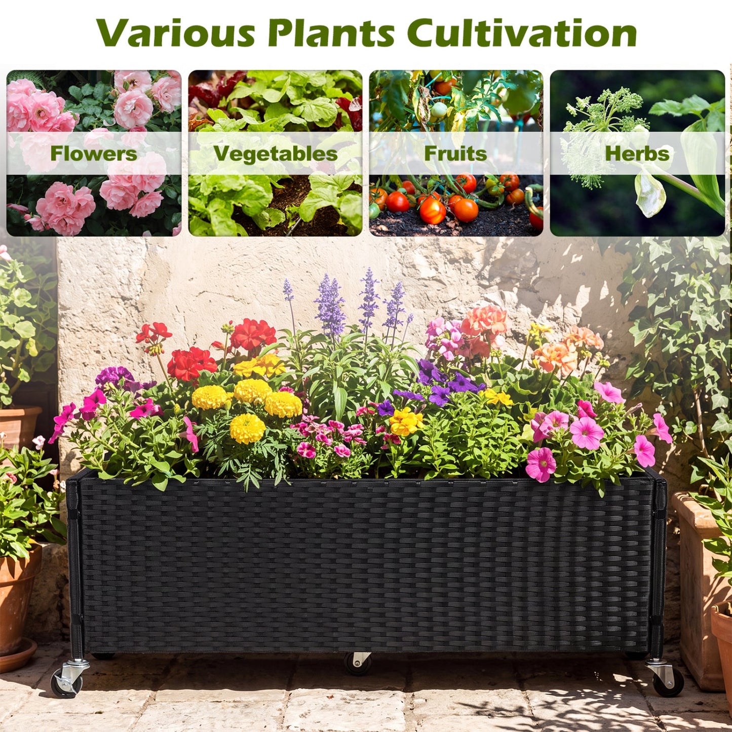 Raised Garden Bed Set of 2 with Wheels and PE Rattan