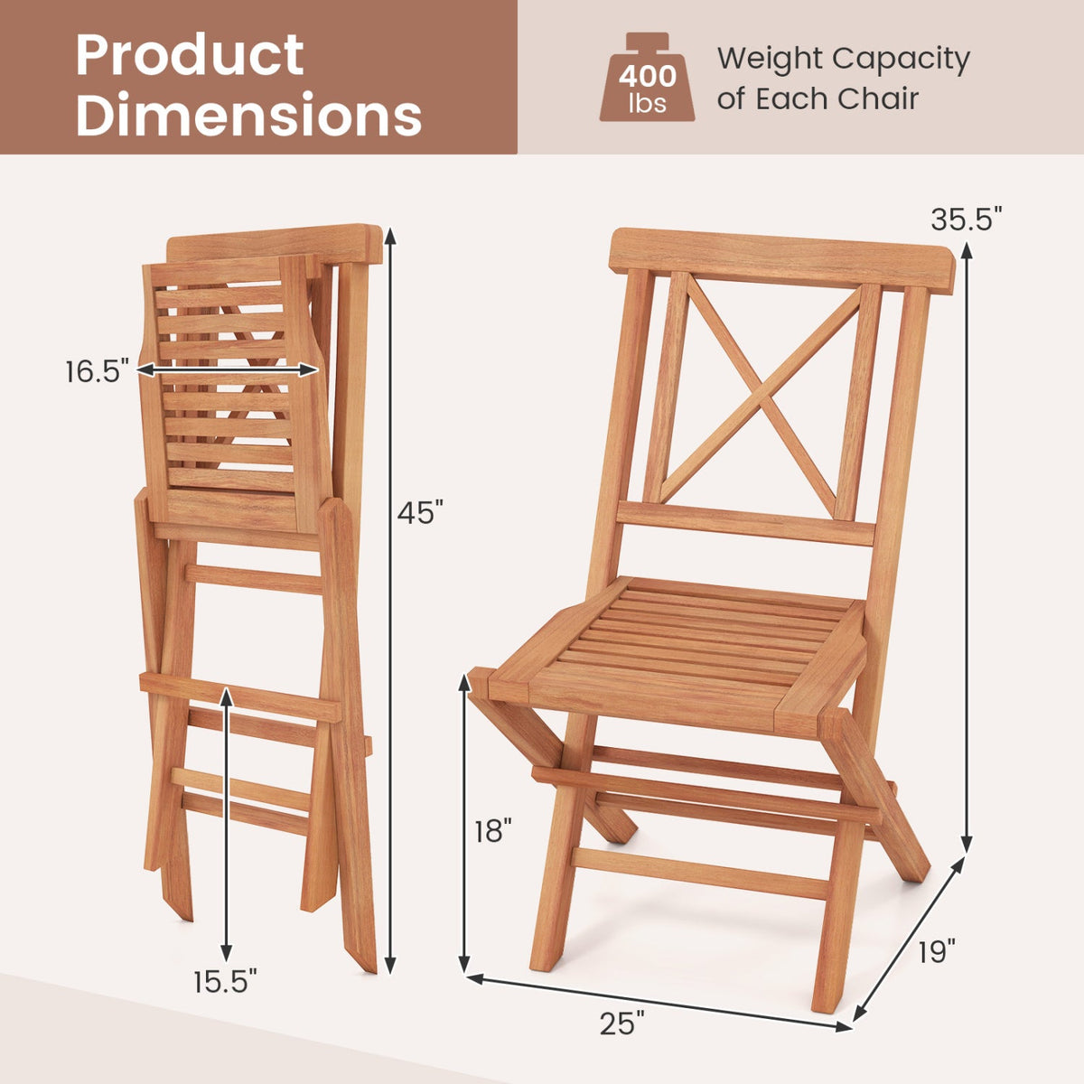 Teak Wood Folding Patio Dining Chairs Set of 2
