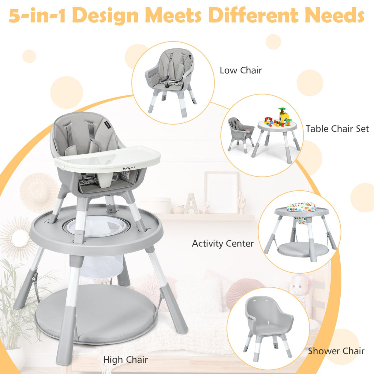5-in-1 Convertible Baby High Chair with Adjustable Height