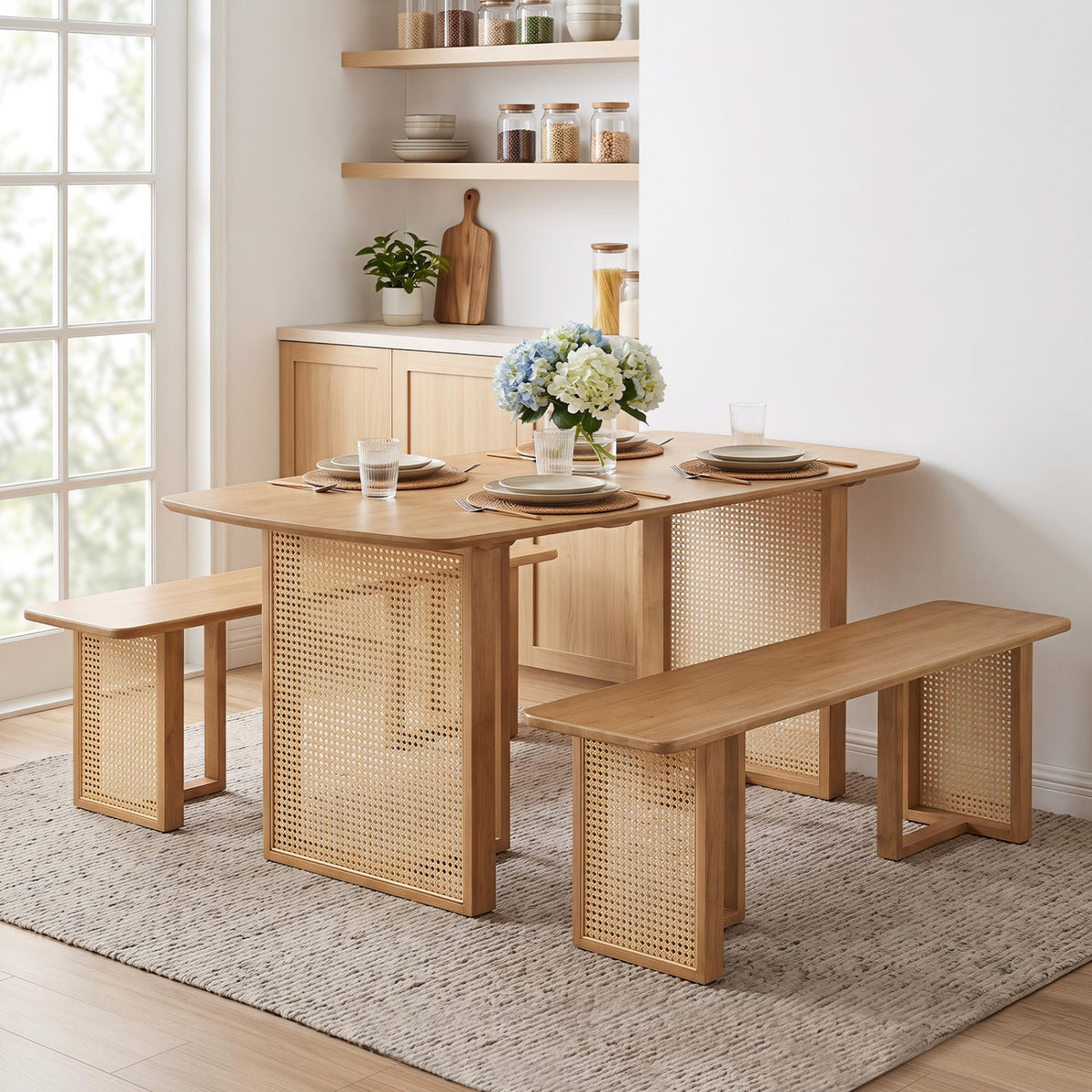 55" Dining Table Set with 2 Benches - Solid Rubber Wood