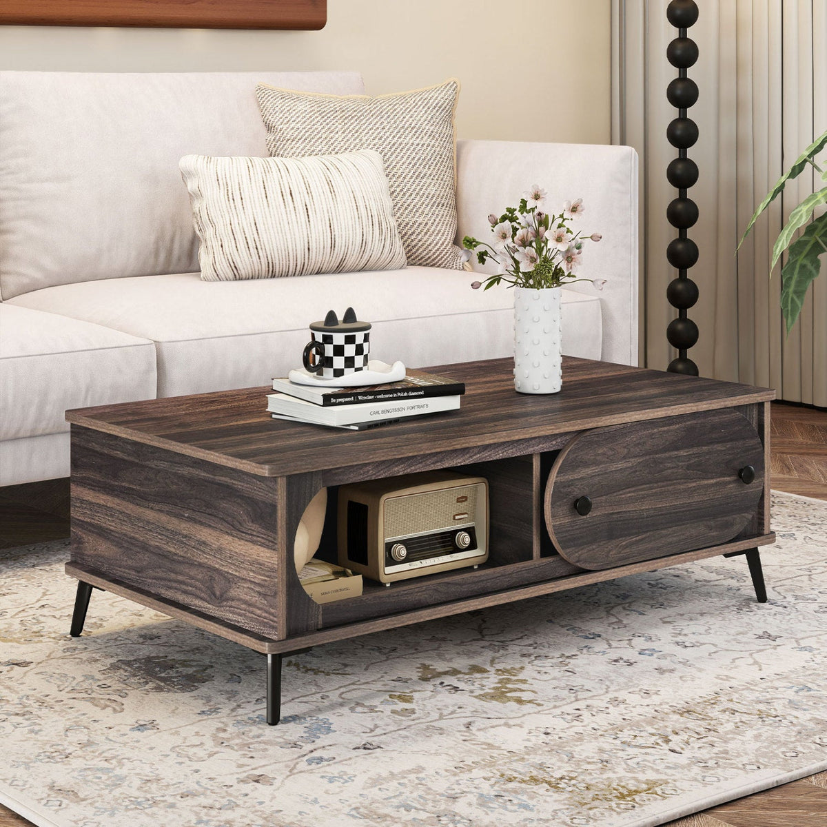 Coffee Table with Sliding Door and 2 Compartments - Walnut