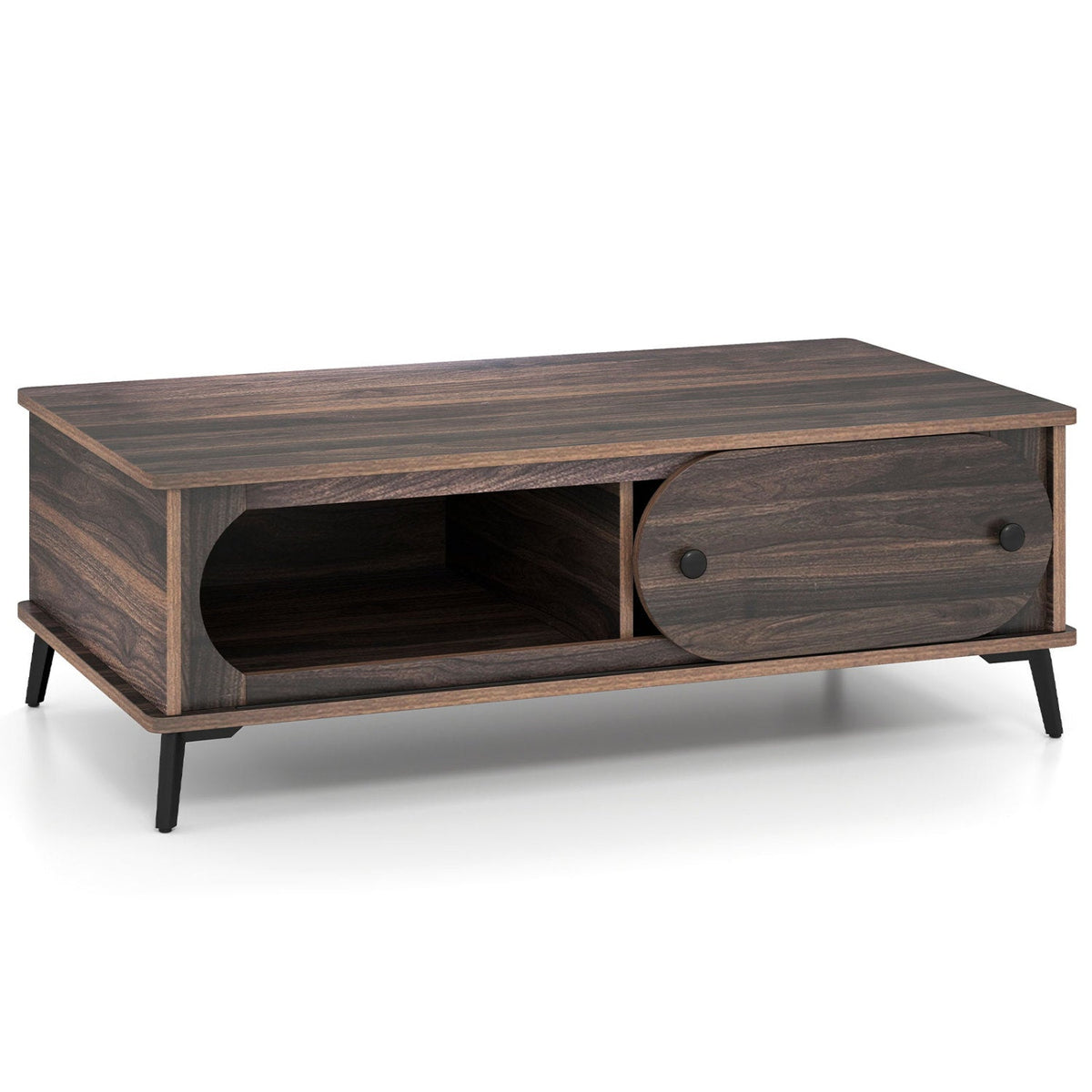 Coffee Table with Sliding Door and 2 Compartments - Walnut