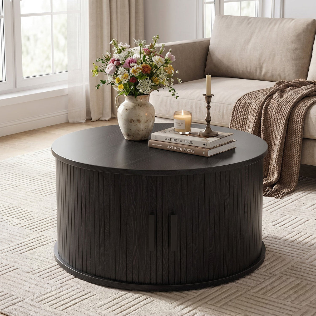 Round Coffee Table with Sliding Tambour Door Storage