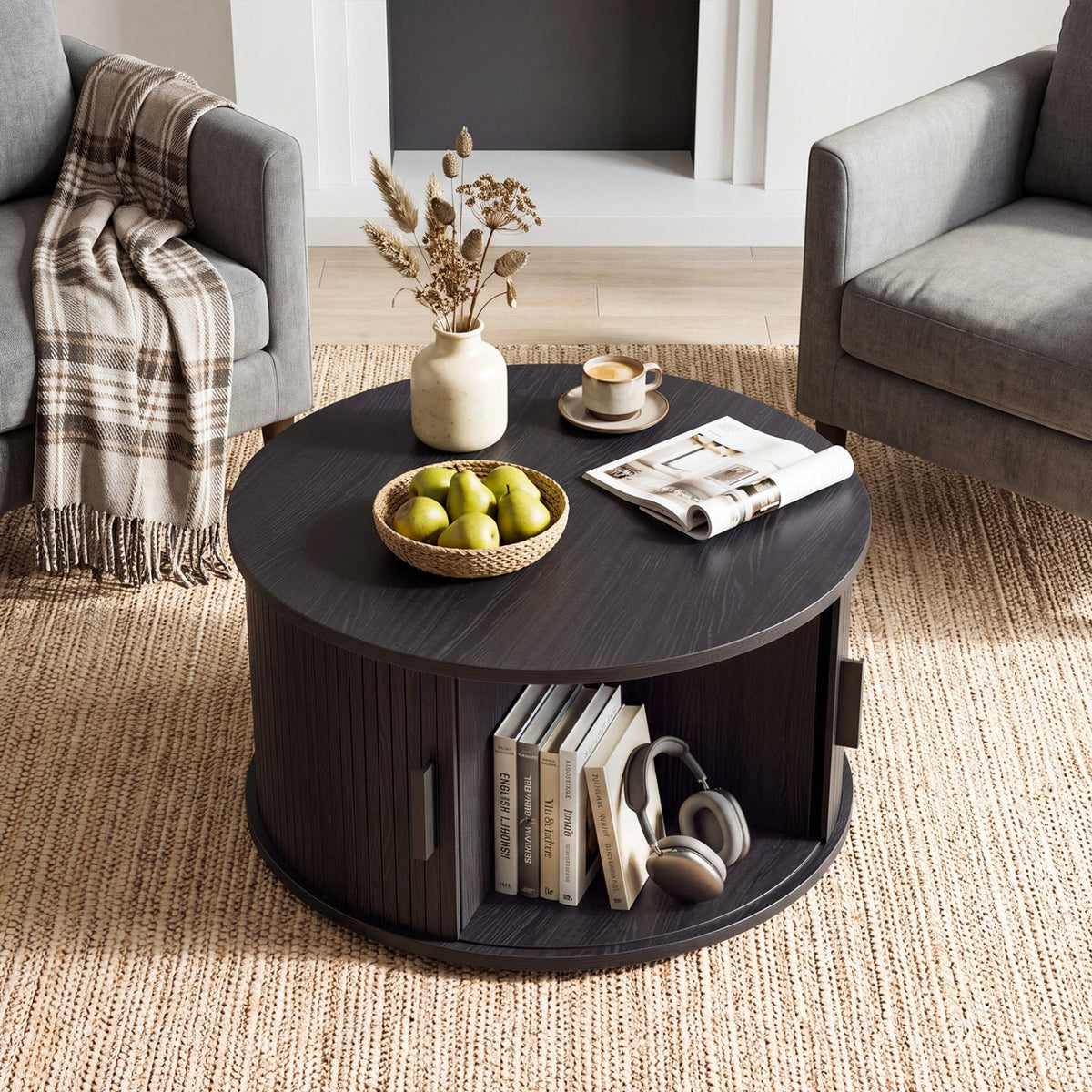 Round Coffee Table with Sliding Tambour Door Storage