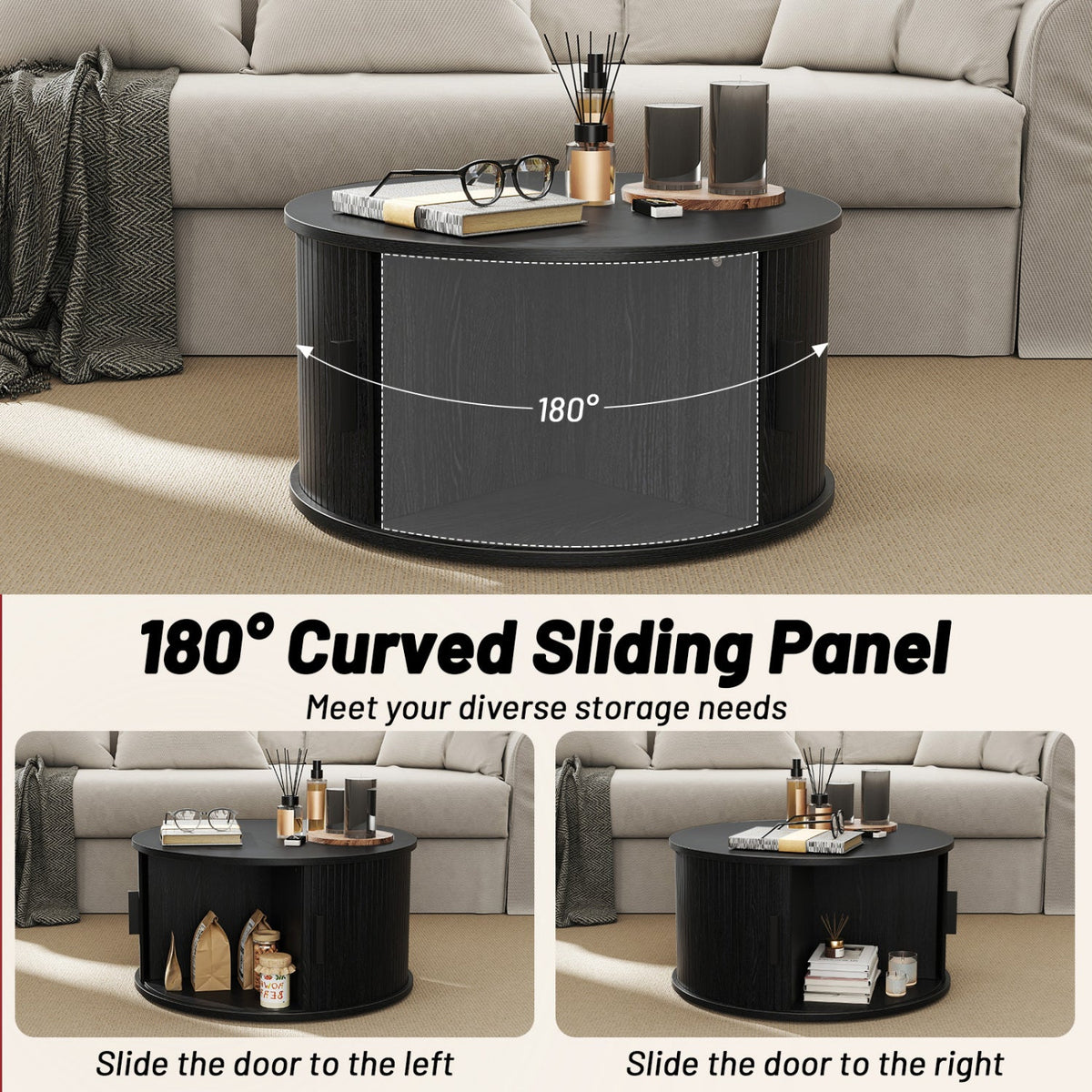 Round Coffee Table with Sliding Tambour Door Storage