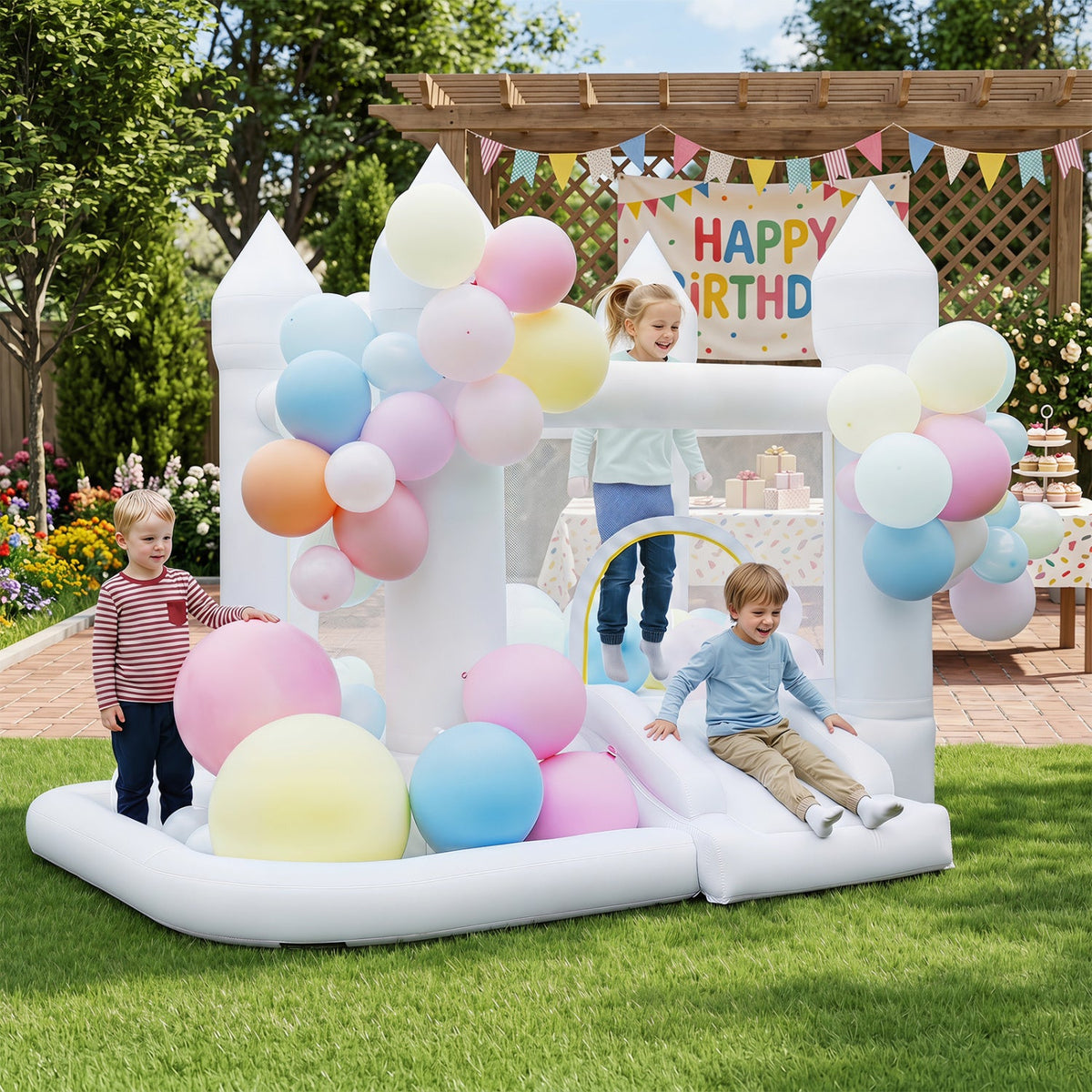 Inflatable Bounce House with Basketball Hoop and Slide