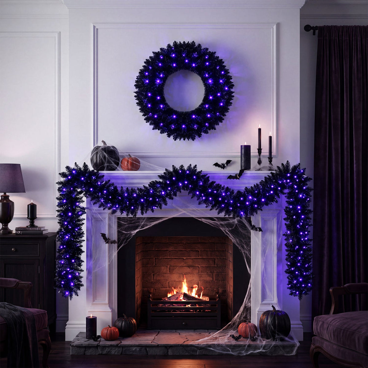 24" Halloween Wreath & 9 FT Garland Set with LED Lights