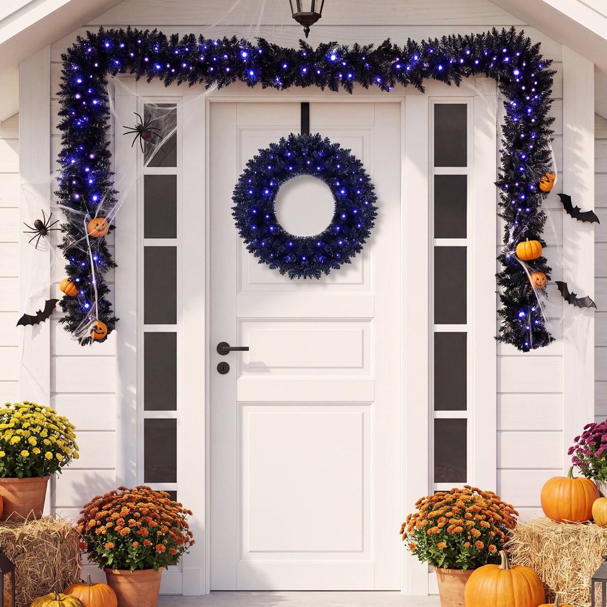 24" Halloween Wreath & 9 FT Garland Set with LED Lights