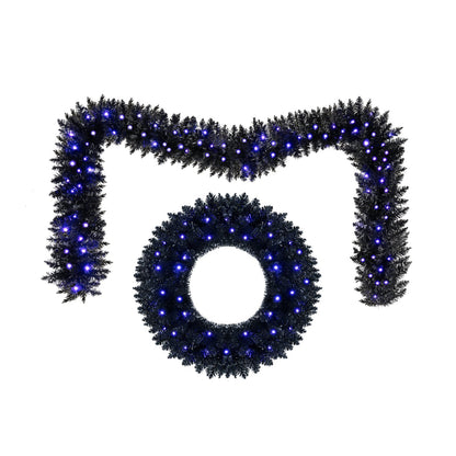 24" Halloween Wreath & 9 FT Garland Set with LED Lights