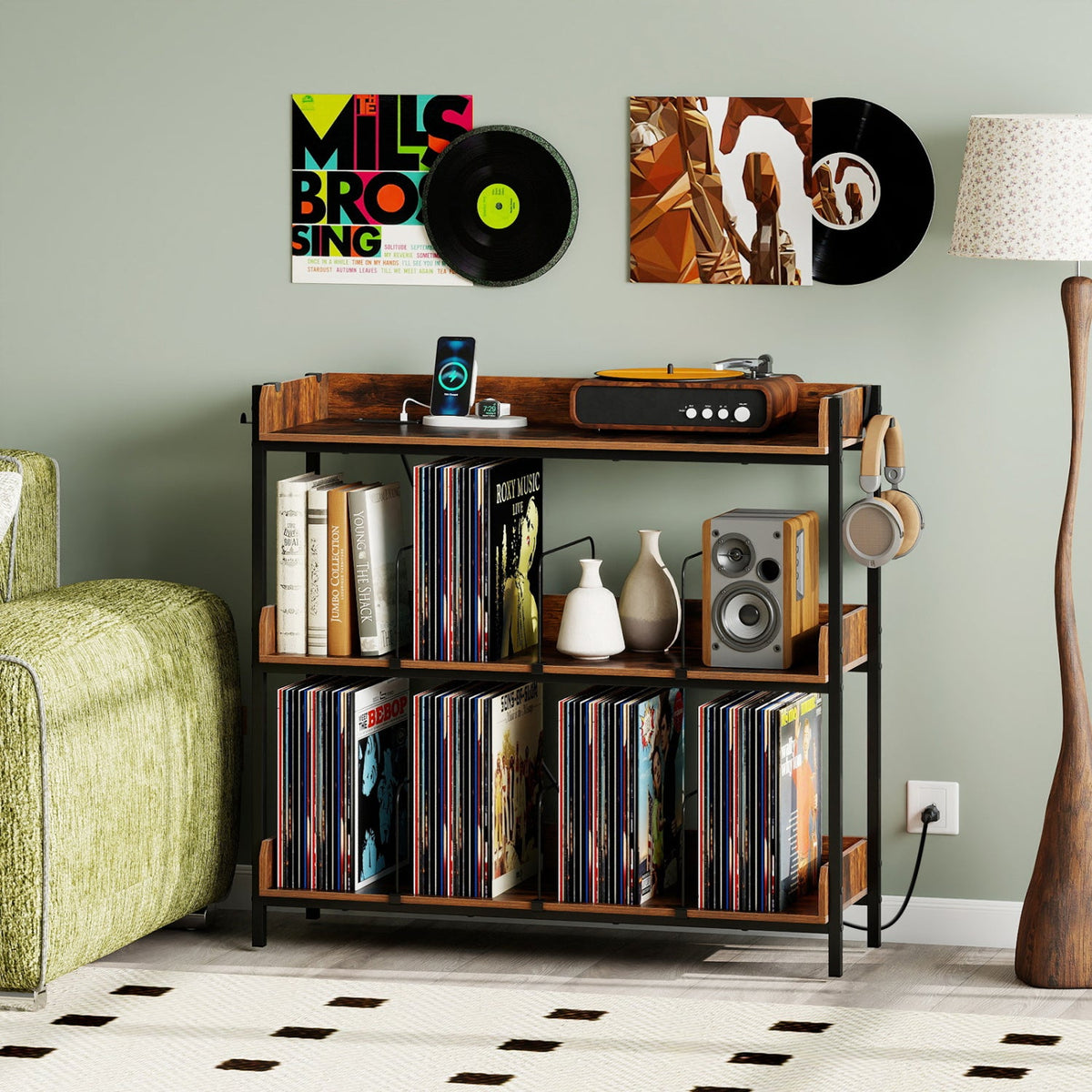3-Tier Record Player Stand with Power Outlets & Metal Dividers