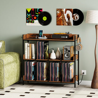 3-Tier Record Player Stand with Power Outlets & Metal Dividers