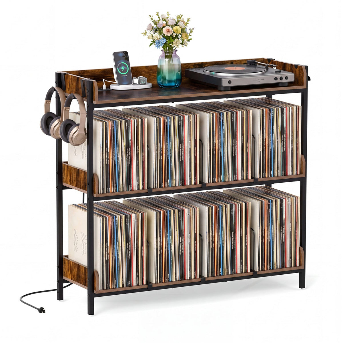 3-Tier Record Player Stand with Power Outlets & Metal Dividers